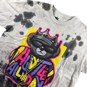 90s Vibes Hustle All Day Graphic T-Shirt Mens‎ XL Grey Black Tie Dye Bear Crown